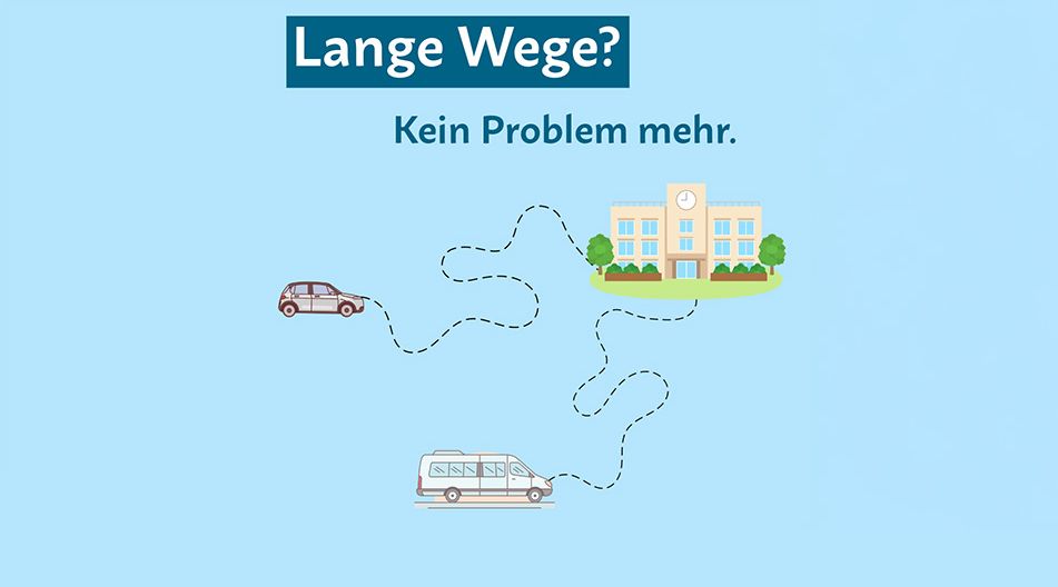 Grafik mit dem Text „Lange Wege? Kein Problem mehr.“ Ein Auto und ein Kleinbus fahren auf geschwungenen, gestrichelten Wegen zu einem Schulgebäude vor hellblauem Hintergrund.